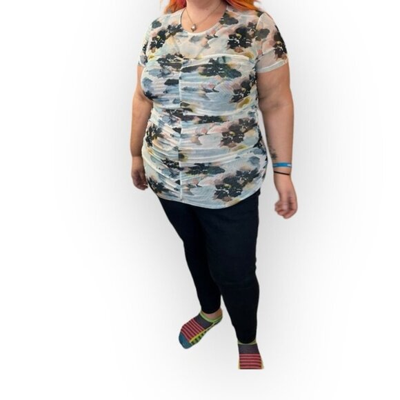 🆕 NWT Torrid 1 2 3 Watercolor Stretch Mesh Neck Ruched Top 14 16 18 20 22 24 - Picture 7 of 16